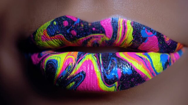 Sexy lips kissing in neon UV disco concept. Vivid multicolored lip art with swirling patterns in bright neon shades.