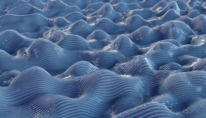 Obraz premium Close-up of a blue textured surface with wavy patterns and a white background, showcasing a unique design element with a calming atmosphere.