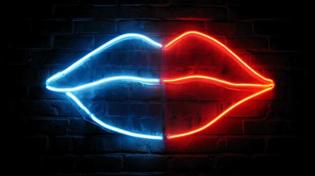 Sexy lips kissing in neon UV disco concept. Bright blue and red neon lights create a striking visual of stylized lips.