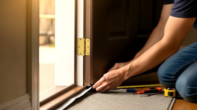 Person Installing Weatherstrip on Doorframe Inside Home