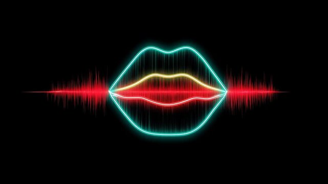 Sexy lips kissing in neon UV disco concept. The vibrant neon colors create a captivating visual effect against a dark background.