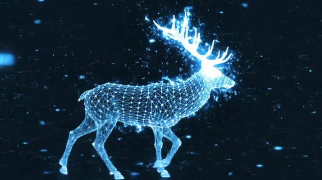 A luminous digital illustration of a deer with glowing antlers in a starry night sky