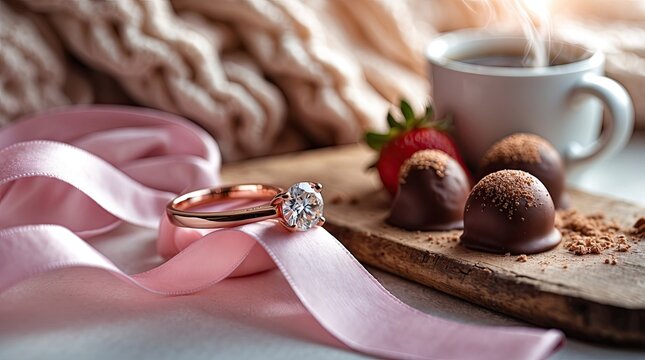 Romantic Rose Gold Engagement Ring with Chocolates, Strawberries, and Coffee Still Life