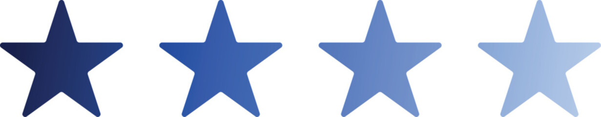 Set of four blue star icons in a horizontal row for rating, ranking, and quality feedback