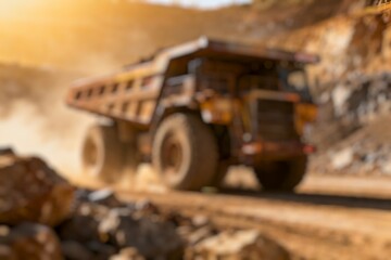 Blurry Large quarry dump truck. Big yellow mining truck at work site. Loading coal into body truck. Production useful minerals. Mining truck mining machinery to transport coal from open-pit production