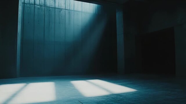 Empty concrete room featuring shafts of blue sunlight filtering through an unseen opening, casting striking rectangular patterns of illumination onto the grimy floor
