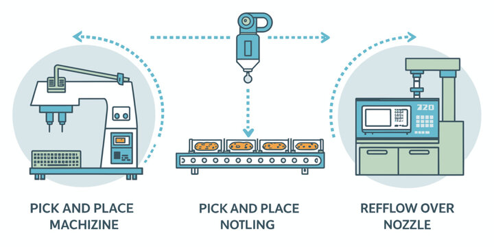 Industrial Manufacturing Process with Pick and Place Machines and Reflow Oven Nozzle