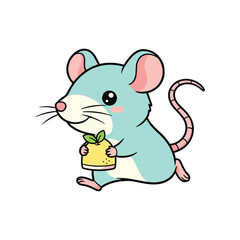 Fototapeta premium Cute blue cartoon mouse holding a yellow cheese with green leaf