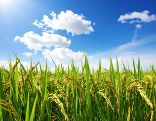 Fototapeta premium Close-up field of tall, vibrant green plants with golden seed heads, under a bright blue sky, and fluffy white clouds
