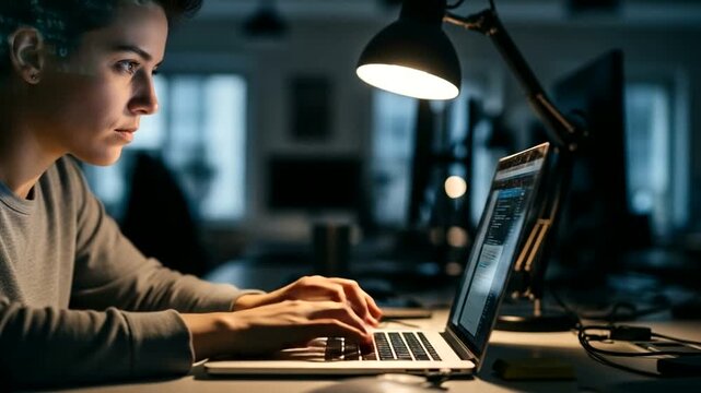 Person working late at desk with laptop illuminated