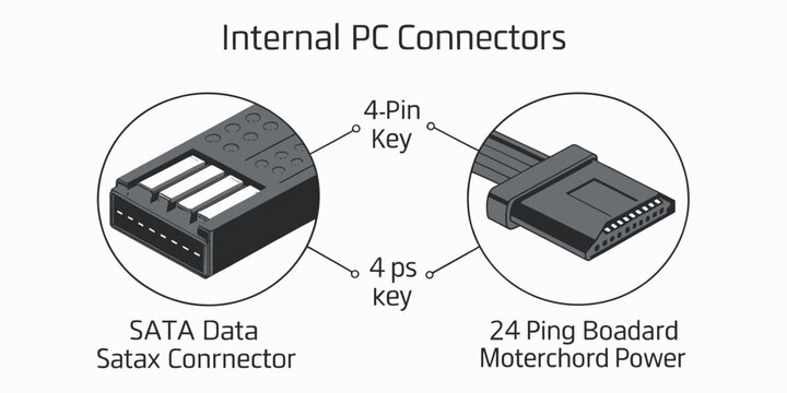 Internal PC Connectors, SATA Data and 24-Pin Power Cables, Computer Hardware Components