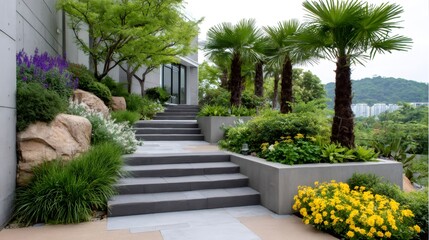 Obraz premium Modern landscape design with stone steps and tropical palm trees