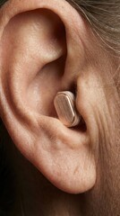 Fototapeta premium Celebrating world hearing day with modern hearing aid closeup concept. Close-up. International Day of the Deaf. Ear care concept