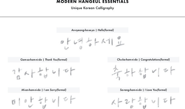 Korean Calligraphy Essential Greeting Set 5 Types, Hangeul Hand-drawn Lettering Collection Vector