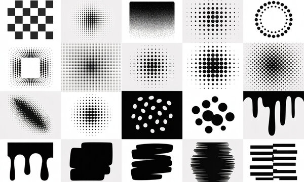 Collection of abstract halftone dot patterns and graphic elements including checkerboard drips and scribbles