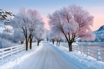 Snow covered road winding through frosted trees at sunset