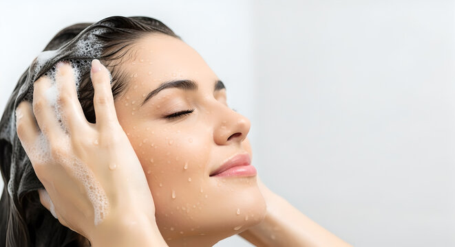 Close up of beautiful young woman washing her hair with shampoo foam in the shower