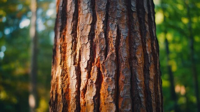 Close-up view of majestic tree trunks in a lush forest with sunlight