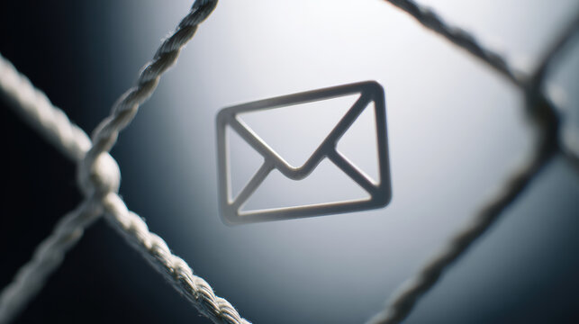 Envelope icon trapped behind mesh fence, close up, muted lighting, conceptual secure communication, dramatic mood