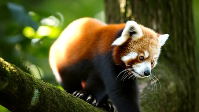 Playful red panda climbing a tree in lush forest