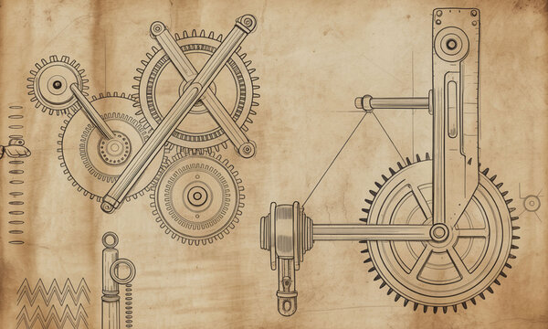 Vintage blueprint of mechanical gears and mechanisms, intricate technical drawing on old paper, steampunk industrial engineering