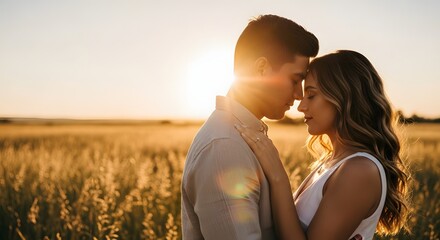 Young romantic couple embracing in a field with the golden sunset behind them, symbolizing true love concept and intimate connection