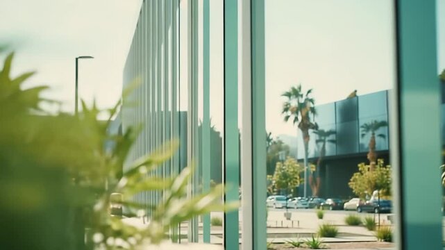Green plant foliage contrasts with the sleek, reflective glass facade of a modern building, offering a blend of nature and contemporary design in a sunlit urban environment