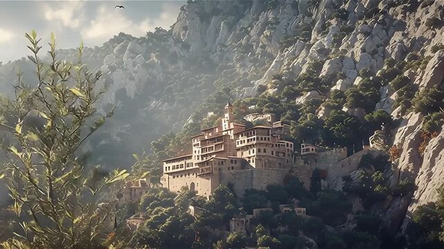 Giant amanita muscaria rise over monastery concept. Mushroom cinematic nature scene with distant mountain castle fantasy.