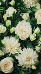 Obraz premium Close-up bouquet of ivory roses with pale green buds amid dense glossy foliage and soft petals, dewy fragrant