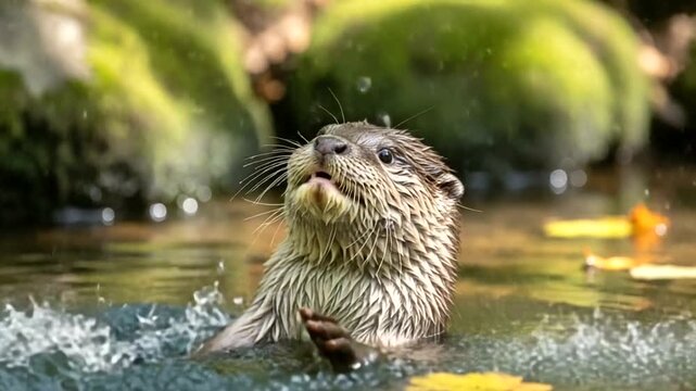 Playful otter splashing in serene forest pond