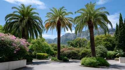 Three palm trees standing in a lush garden park