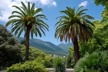 Fototapeta premium Palm trees framing mountainous natural park landscape