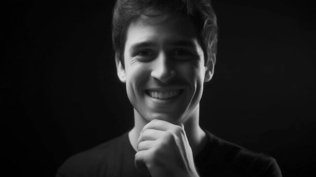 Shy smile with a lowered chin in gentle soft light, cinematic warm tone on a dark black background, 4K.