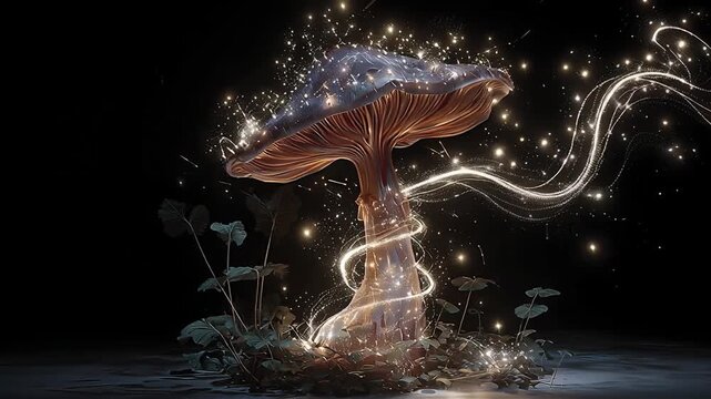 Giant amanita muscaria rise over monastery concept. Mushroom foreground rock cave framing ancient castle on mountain fantasy world.