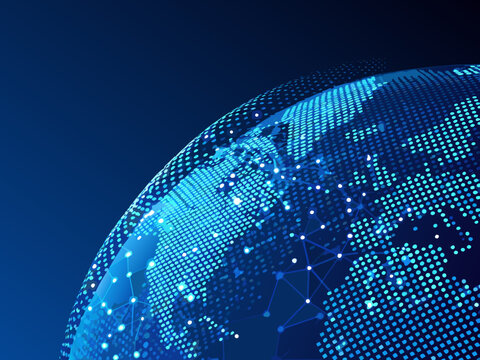 A digital earth globe with connecting nodes and lines representing global networks