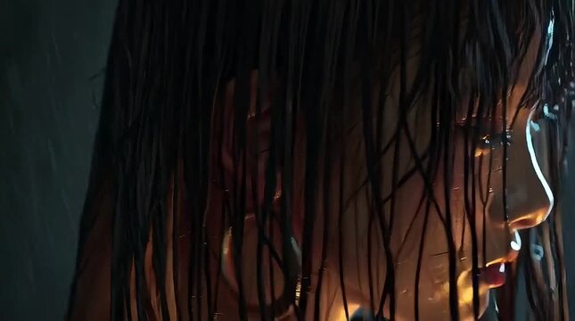 Animation of Anime Woman Standing in the Rain at Night While Holding Umbrella with Wet Hair