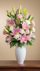 Fototapeta premium A graceful bouquet of pink and white lilies with green foliage sits in a white vase on a wooden table, serene