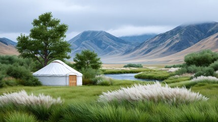 Yurt in a green mountain valley with river