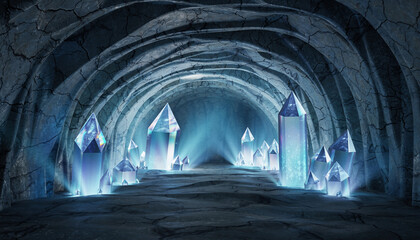 Obraz premium A dark stone tunnel with an arched ceiling leads to a glowing blue crystal cave with several large crystals.