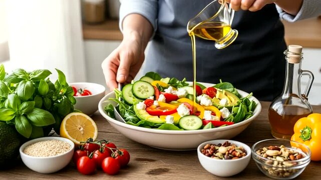 Preparing a Fresh Salad with Olive Oil and Vegetables