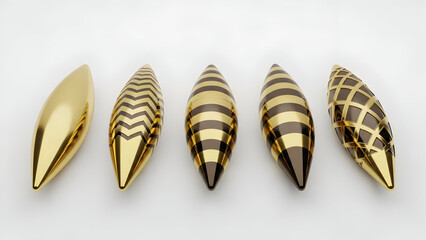Five gold and brown seashells on a white background