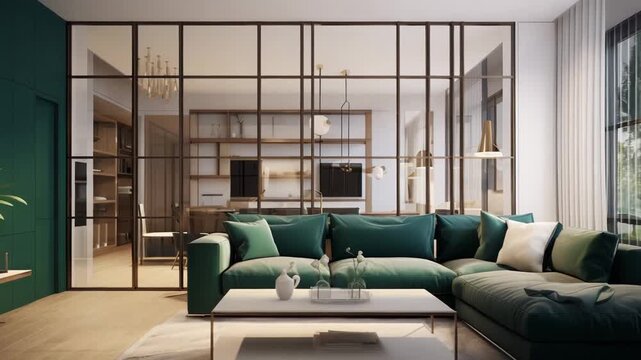 Contemporary apartment living room featuring a comfortable dark green sectional sofa, elegant coffee table, and open plan glass partition separating a stylish home office or dining area