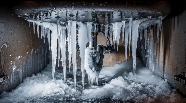 frozen pipe shows significant winter damage, covered in thick ice and formed by burst pipes. frozen pipe with sharp icicles under kitchen sink