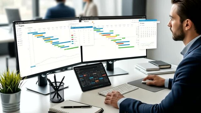 Professional man analyzing data on multiple screens