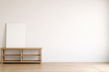 Naklejka premium Minimal White Interior Background with Wooden Cabinet and Blank Panel