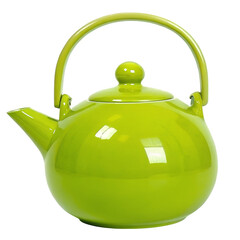 Green ceramic teapot on white background with handle and spout for tea or hot beverage