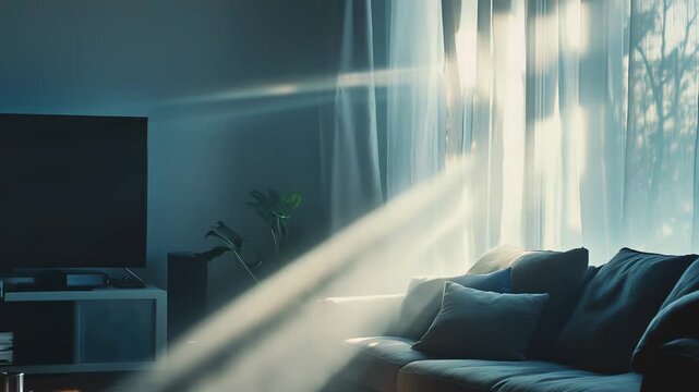 Bright sunbeams creating a warm and inviting atmosphere, piercing through sheer curtains and highlighting the cozy sofa and television setup in a contemporary home environment