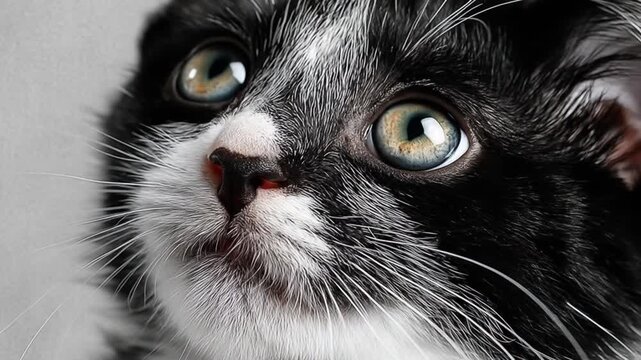 Close up portrait of a black and white cat looking upward