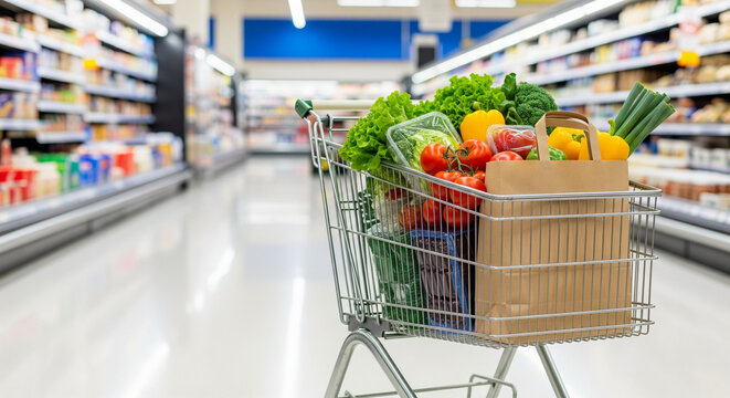 A shopping cart filled with fresh produce and a paper bag in a well-lit grocery store aisle