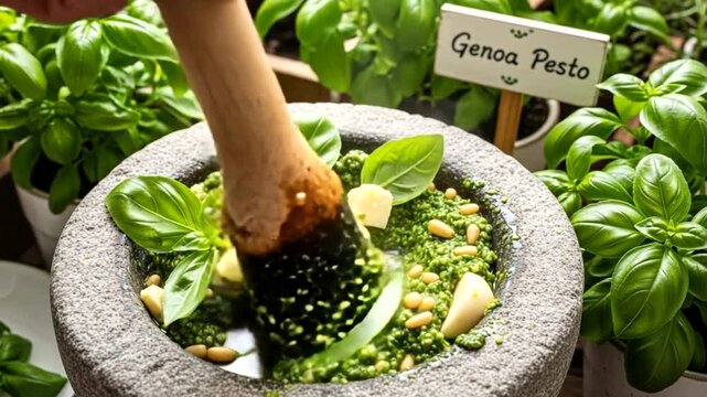 Preparing fresh Genoa pesto with basil and pine nuts